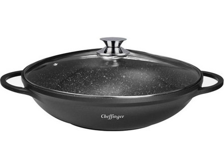 Cheffinger CF-DW40 Wok Αλουμινίου Αντικολλητικό Μαρμάρινη Επίστρωση με Καπάκι 40cm CF-DW40