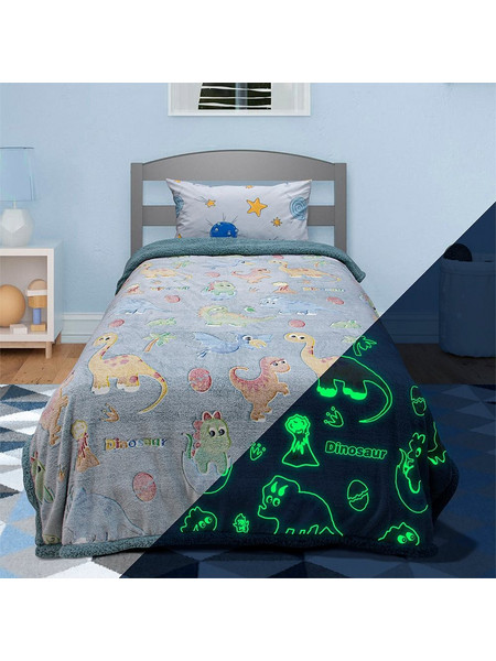 Lino Home Παιδική Κουβέρτα Fleece Δεινόσαυροι Φωσφοριζέ 160x220 Γκρι Γαλάζια