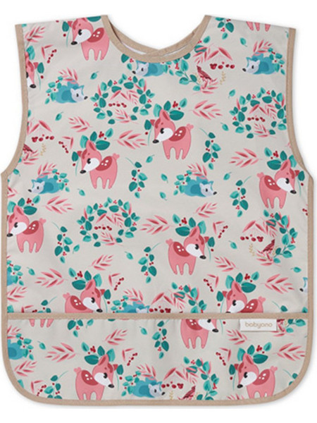 BabyOno Apron Forest Αδιάβροχη Σαλιάρα Ποδιά Υφασμάτινη με Αυτοκόλλητο Τσέπη & Μανίκια 6m+ Μπεζ