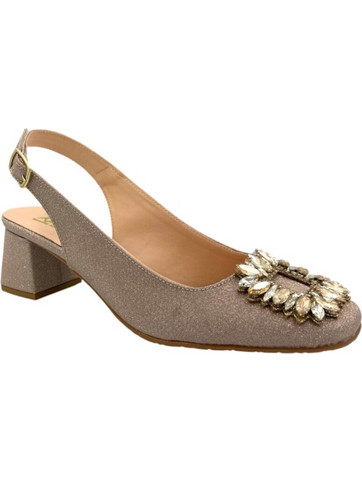Blondie Γόβες Slingback Δερμάτινες με Χοντρό Χαμηλό Τακούνι & Στρας Ροζ Χρυσές 4010