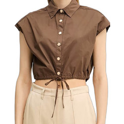 Gaudi Camicia Κοντομάνικο Γυναικείο Πουκάμισο Βαμβακερό Mονόχρωμο Σοκολατί 611FD45042