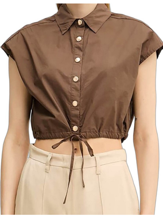 Gaudi Camicia Κοντομάνικο Γυναικείο Πουκάμισο Βαμβακερό Mονόχρωμο Σοκολατί 611FD45042
