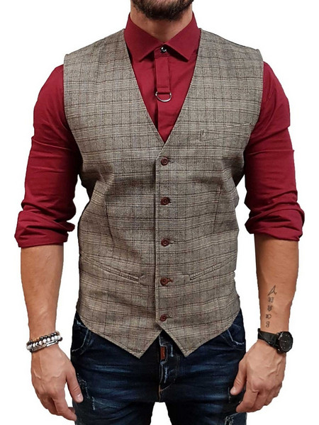 Jack & Jones Χειμερινό Ανδρικό Γιλέκο Casual Καρό με Στενή Εφαρμογή Καφέ 12159890