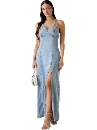 Guess Jamelia Maxi Καλοκαιρινό Βραδινό Φόρεμα Τζιν Γαλάζιο W6GK10D0698-DURF