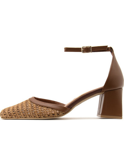 Bacali Collection Raffia Γόβες Δερμάτινες με Χοντρό Χαμηλό Τακούνι & Λουράκι Καφέ BCL-A26-15-1