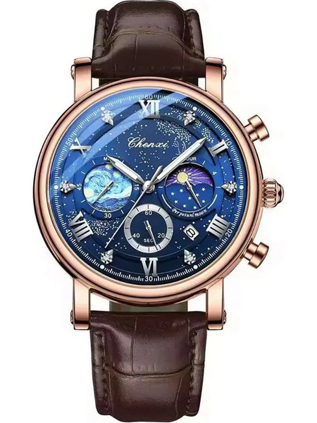 Chenxi Moonphase Celestial Ανδρικό Ρολόι Χρονογράφος με Καφέ Δερμάτινο Λουράκι 8872