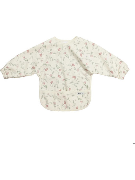 Meyco Baby Flower Αδιάβροχη Σαλιάρα Ποδιά Υφασμάτινη με Αυτοκόλλητο Τσέπη & Μανίκια 4m+ Μπεζ