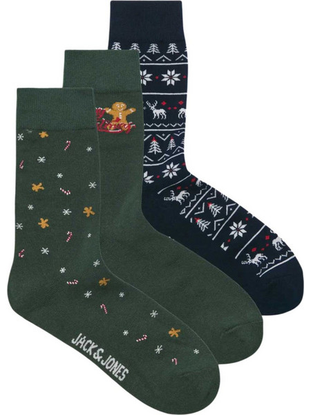 Jack & Jones X-mas Gingerbread Χριστουγεννιάτικες Ανδρικές Κάλτσες Ψηλές Χακί Μαύρες 3Pack 12306043-SKY