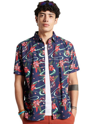 Superdry Hawaiian Ανδρικό Πουκάμισο Βαμβακερό Εμπριμέ Κοντομάνικο Κανονική Γραμμή Overshirt Navy Μπλε M4010353A-5UY