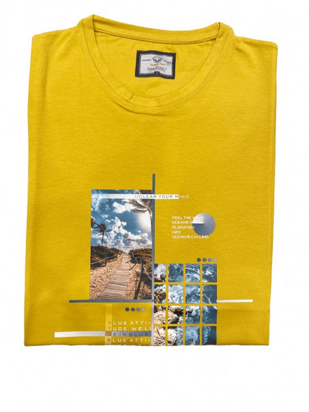 T-shirt μπλουζακι βαμβακερο με σταμπα μπλε σε μουσταρδι χρωμα - SIDE EFFECT