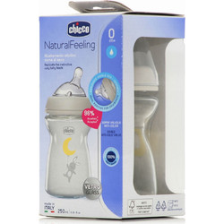 Chicco Natural Feeling Γυάλινο Μπιμπερό με Θηλή Σιλικόνης κατά των Κολικών 0m+ Bunny Grey 250ml