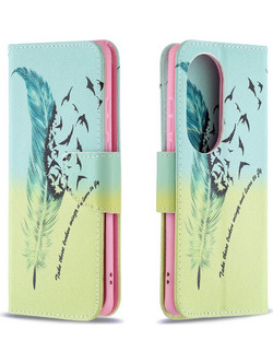 Θήκη Huawei P50 Pro OEM Feather & Birds με βάση στήριξης, υποδοχές καρτών και μαγνητικό κούμπωμα Flip Wallet από συνθετικό δέρμα και TPU