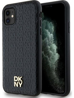 DKNY Leather Monogram Pattern Metal Logo MagSafe Case Black (iPhone 11 / Xr)