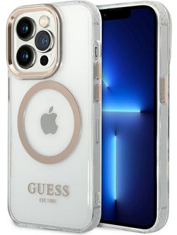 Guess Metal Outline MagSafe Back Cover Gold / Clear (iPhone 14 Pro Max)