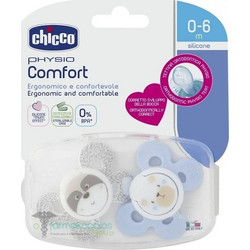 Chicco Physio Comfort Ανατομικές Ορθοδοντικές Πιπίλες Σιλικόνης 0-6m Ρακούν Αρκουδάκι Μπλε 2τμχ