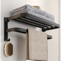 Wallex TowelRack 60 - Αναδιπλούμενη Επιτοίχια Κρεμάστρα Πετσετών 60cm με Ράφι & 2 Ράβδους | Μαύρο Ματ