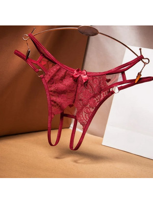Women Sexy Open Lace Thong Red