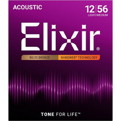 Elixir Strings Nanoweb 11077 Σετ 6 Χορδές Ακουστικής Κιθάρας 80/20 Bronze 12-56" Medium Tension