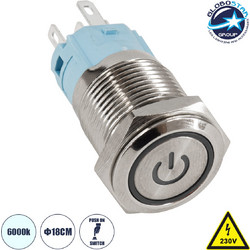 GloboStar(R) 70775 LED Φωτιζόμενος Διακόπτης Χωνευτός - Μπουτόν PUSH On Ανοξείδωτος AC 220-240V Αδιάβροχο IP67 Φ18mm με Angel Eye Ψυχρό Λευκό 6000K