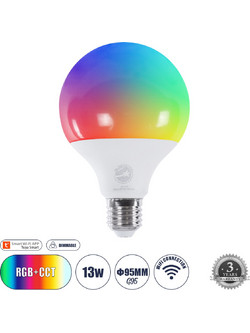 GLOBOSTAR(R) SMARTME 60491 Λάμπα E27 G95 Smart Home WiFi με Λειτουργία μέσω Tuya APP LED 13W 1300lm 260 AC 220-240V IP20 Πολύχρωμο RGBW+WW Dimmable - Bridgelux Chip - Μ9.5 x Π9.5 x Υ13.5cm