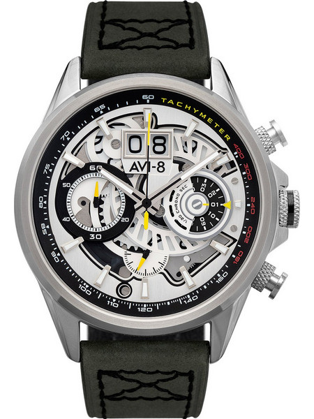 AVI-8 Hawker Ανδρικό Ρολόι Χρονογράφος με Ασημί Δερμάτινο Λουράκι AV-4065-01