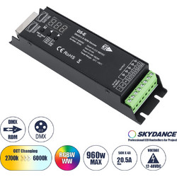 GLOBOSTAR(R) 73148 SKYDANCE D5-E AURORA RGB+CCT Controller / Decoder 5CH DC 12-48V 20A 960W Max IP20 - DMX512/RDM + 250-32000Hz PWM + Linear/Logarithmic Dimming Curve - M17.5xΠ4.5xΥ3.3cm