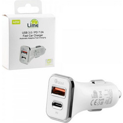 Lime LCUPD21 Διπλός Φορτιστής Αυτοκινήτου USB & USB-C PD/QC 3.0 40W, Λευκό (8276200)