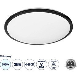 GloboStar(R) TUFFIN 60998 Πλαφονιέρα Οροφής LED 36W 4140lm 120 AC 220-240V Αδιάβροχη IP54 Φ48 x Υ6.5cm Ψυχρό Λευκό 6000K - Μαύρο - Bridgelux Chips - 3 Years Warranty
