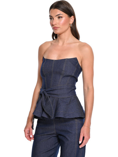 WECOSS Strapless Denim Μπούστο με Φιόγκο & Peplum