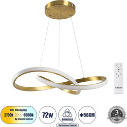 GLOBOSTAR(R) DEXTER 61051 Μοντέρνο Κρεμαστό Φωτιστικό Οροφής LED 72W 8064lm 300 AC 220-240V IP20 Ρυθμιζόμενο Λευκό CCT με Χειριστήριο από 2700K έως 6000K Dimmable - Lumileds SMD Chip - Σατινέ Χρυσό Βο