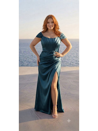 For You Fashion Μακρύ Σατέν Off-shoulder Φόρεμα με Άνοιγμα Μπροστά Πετρόλ