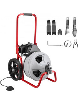 VEVOR Μηχάνημα Καθαρισμού Αποχετεύσεων 22m x 9,5mm, Χειροκίνητη Τροφοδοσία Αποφρακτικού Σπιράλ σε Τροχούς, Φορητό Μηχάνημα Καθαρισμού Αποχετεύσεων με 6 Κόφτες & Ποδοδιακόπτη Αέρα για Σωλήνες 50mm έως