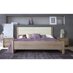 Pol45D Κρεβάτι ξύλινο διπλό με δερματίνη 150x200εκ. Καστάνι- Μπεζ τεχνόδερμα