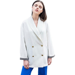 AGGEL Γυναικείο Σακάκι Μακρύ Τουίντ Oversized Σταυρωτό Λευκό SS42010KF-1045
