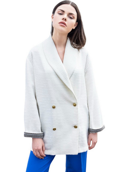 AGGEL Γυναικείο Σακάκι Μακρύ Τουίντ Oversized Σταυρωτό Λευκό SS42010KF-1045