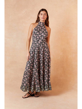 Rixo Maxi Καλοκαιρινό Βραδινό Φόρεμα Floral Μαύρο 010.02364.324.04755