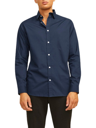 Jack & Jones Ανδρικό Πουκάμισο Βαμβακερό Μακρυμάνικο Κανονική Γραμμή Navy Μπλε 12267557