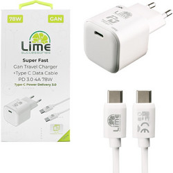 Lime LTC78W Φορτιστής με Καλώδιο USB-C με Θύρα USB-C 78W Quick Charge 3.0 & Power Delivery