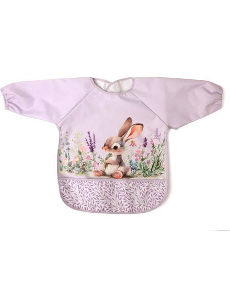 Kiokids Bunny Αδιάβροχη Σαλιάρα Ποδιά Πλαστική με Αυτοκόλλητο Τσέπη & Μανίκια 4m+ Λιλά