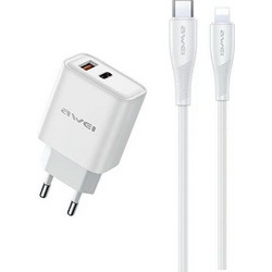 Awei PD81 Φορτιστής με Καλώδιο Lightning με Θύρα USB-A & Θύρα USB-C 22.5W Power Delivery White