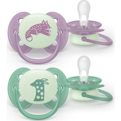 Philips Avent Ultrasoft Night Ορθοδοντικές Πιπίλες Σιλικόνης Νυκτός 6-18m Λιλά Πράσινη 2τμχ SCF094/04