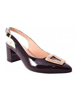 Relax Anatomic Ανατομικές Γόβες Slingback Λουστρίνι με Χοντρό Χαμηλό Τακούνι & Στρας Μαύρες H-55038