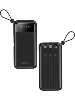 Sunix Power Bank 10000mAh με Ενσωματωμένα Καλώδια USB-C Lightning & micro USB Black 70040976