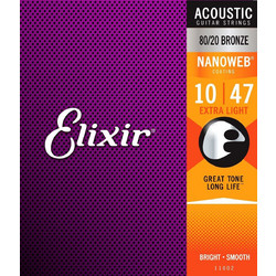 Elixir Strings 11002 Σετ 6 Χορδές Ακουστικής Κιθάρας 80/20 Bronze 10-47" Extra Light Tension