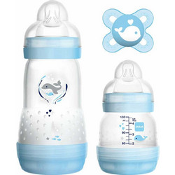Mam Easy Start Σετ Πλαστικά Μπιμπερό με Θηλή Σιλικόνης κατά των Κολικών 0m+ Φάλαινα Blue 260ml + 130ml & Πιπίλα