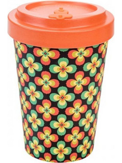 Well Ποτήρι Bamboo με Καπάκι Retro Orange Flowers 400ml