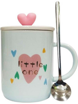 Κεραμική κούπα ΚΑΡΔΙΑ με καπάκι, κουταλάκι LITTLE ONE Γαλάζιο LM-619