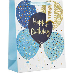 Τσάντα Δώρου Χάρτινη Happy Birthday Foil Λευκή Γαλάζια Μπλε Χρυσά Μπαλόνια Κάρτα - 26x10x32cm