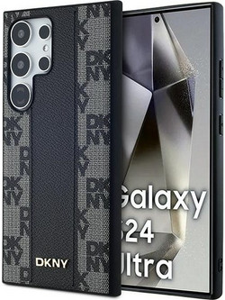 DKNY Leather Checkered Mono Pattern MagSafe Case for Samsung Galaxy S24 Ultra - Black