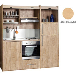 Πολυκουζίνα mini kitchen 190cm με μεγάλο ψυγείο & μεγάλο φούρνο απόχρωση δρυς για γραφεία, studios & καταλύματα airbnb